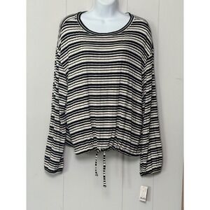 Mudd Women's Black White Striped Long Sleeve Cinched Drawstring Top Size XL